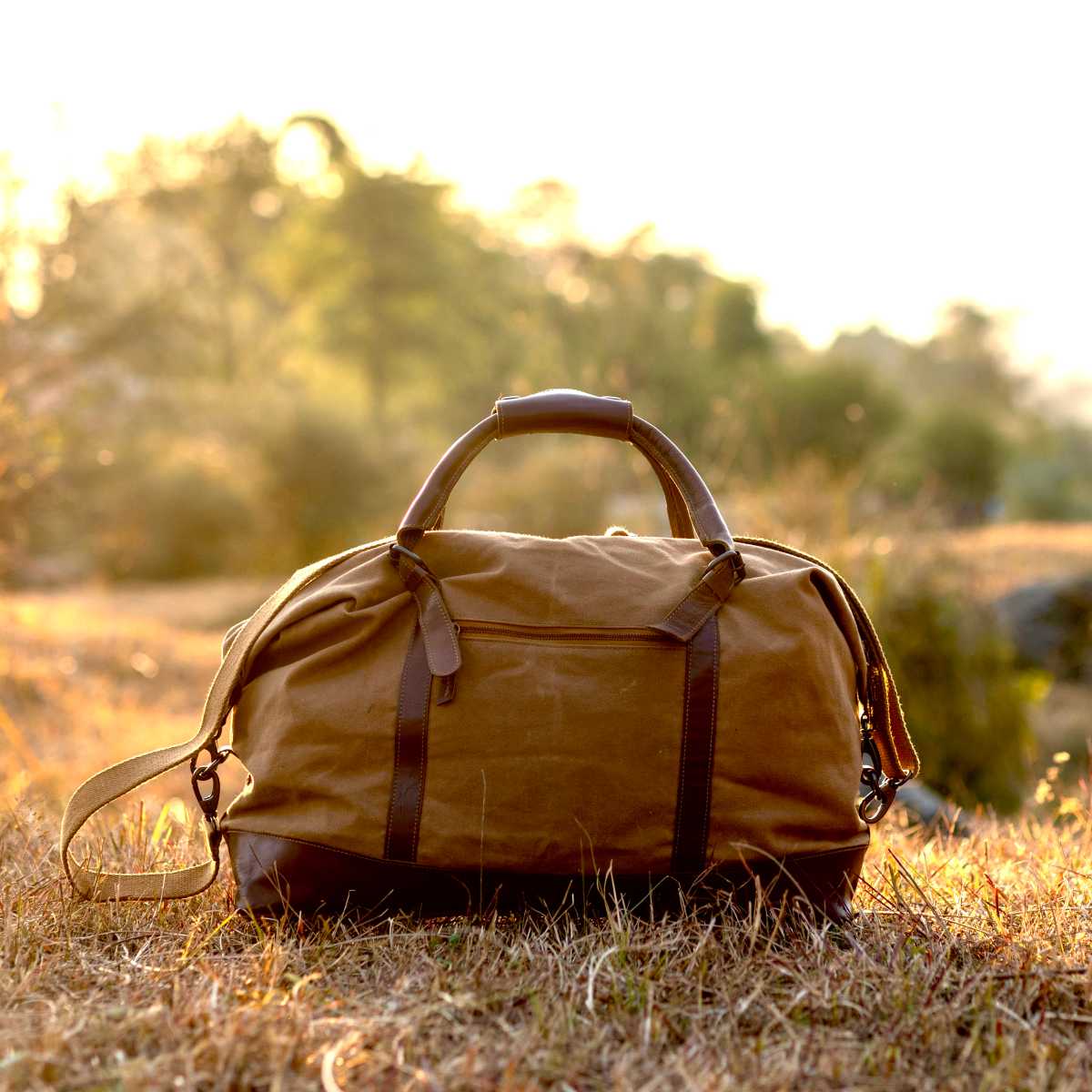 Brown Duffle Bag Waxed Canvas Travel Bag with Leather Accents