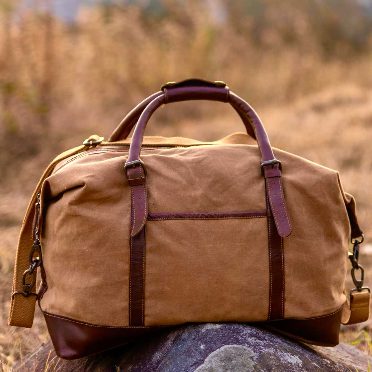 Brown Waxed Canvas Duffel Bag Durable Leather Travel Bag