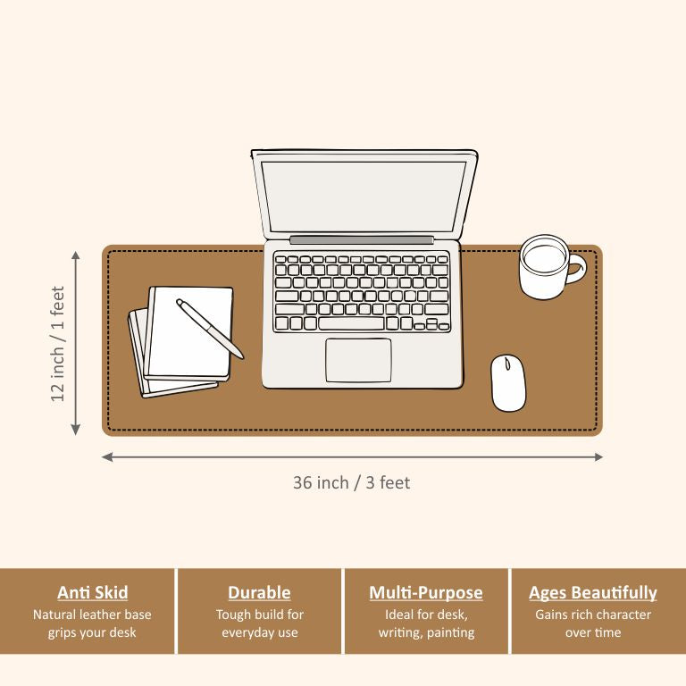 Brown leather desk mat with laptop, mug, and other items on a beige background