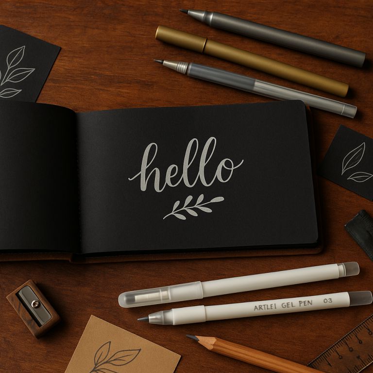 Black notebook with 'hello' and leaf design, surrounded by pens and stationery on a wooden surface.