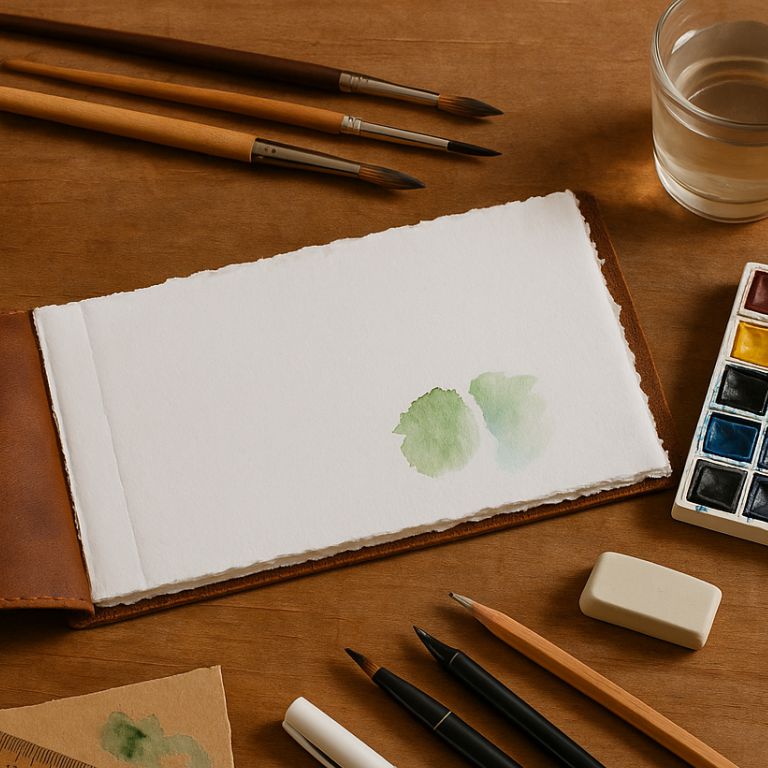 Art supplies including watercolor paper, brushes, and a glass of water on a wooden surface.