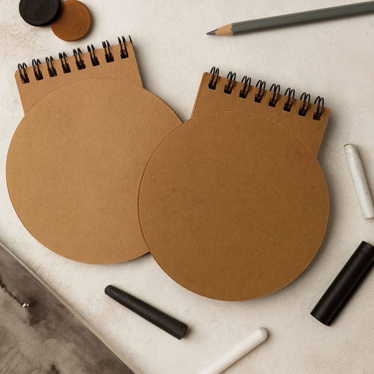 Two brown spiral-bound notebooks on a light surface with stationery items.