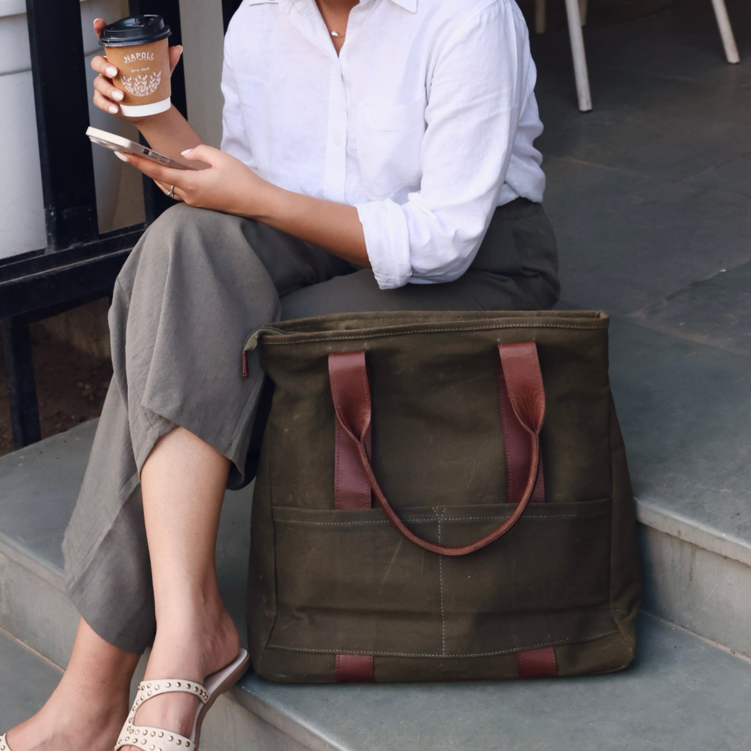Olive Women Tote Bag | Waxed Canvas - Dpotli