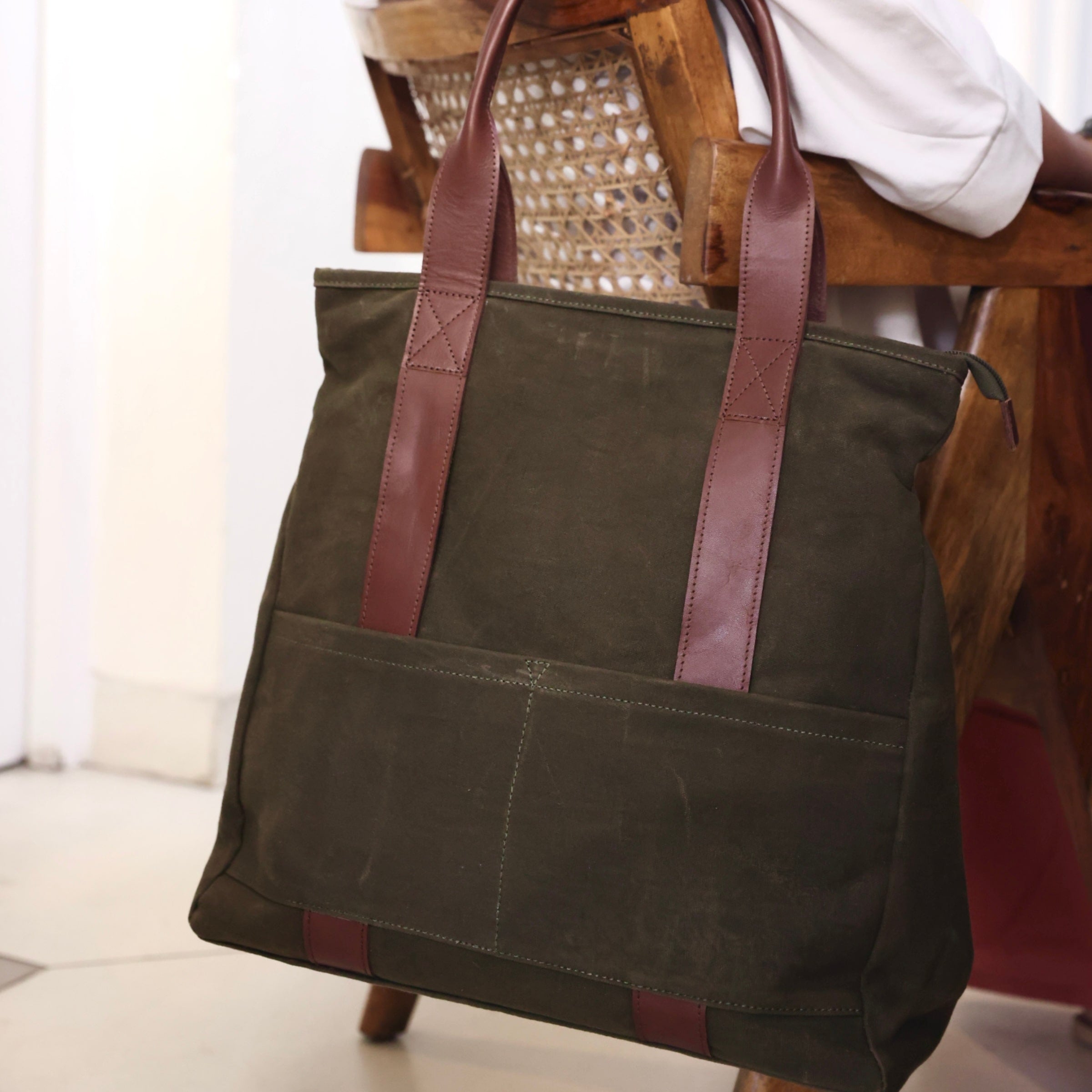 Olive Women Tote Bag | Waxed Canvas - Dpotli