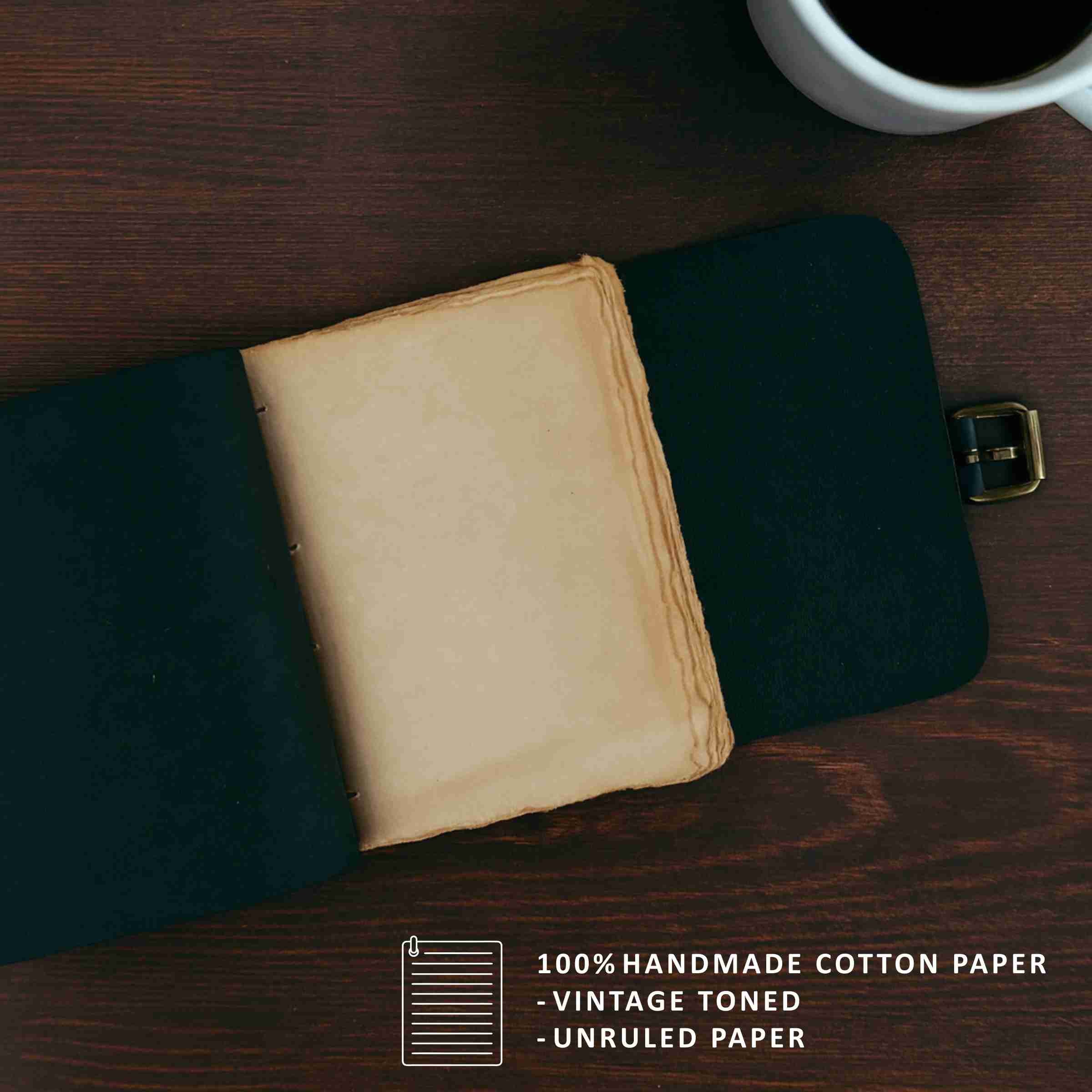 Open notebook with handmade cotton paper on a wooden surface next to a cup of coffee.