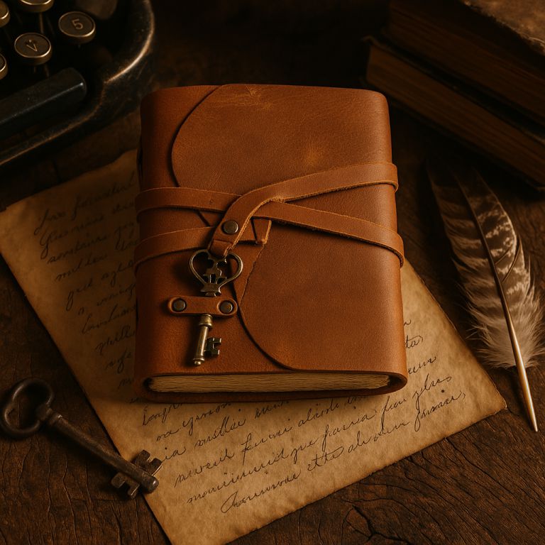 Brown leather journal with key charm on a wooden surface with vintage items.
