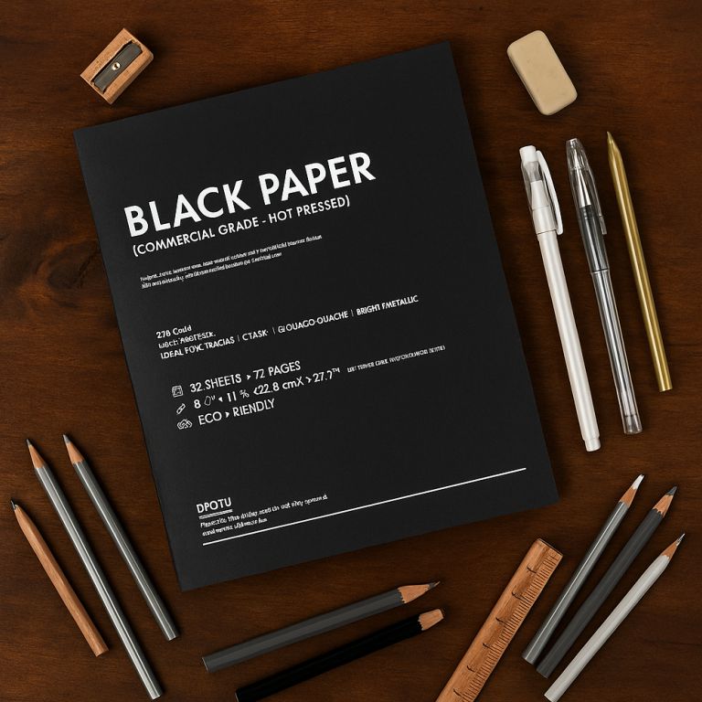 Black paper pad with stationery items on a wooden surface