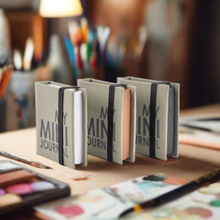 Three small gray journals with black ribbons on a desk with art supplies in the background