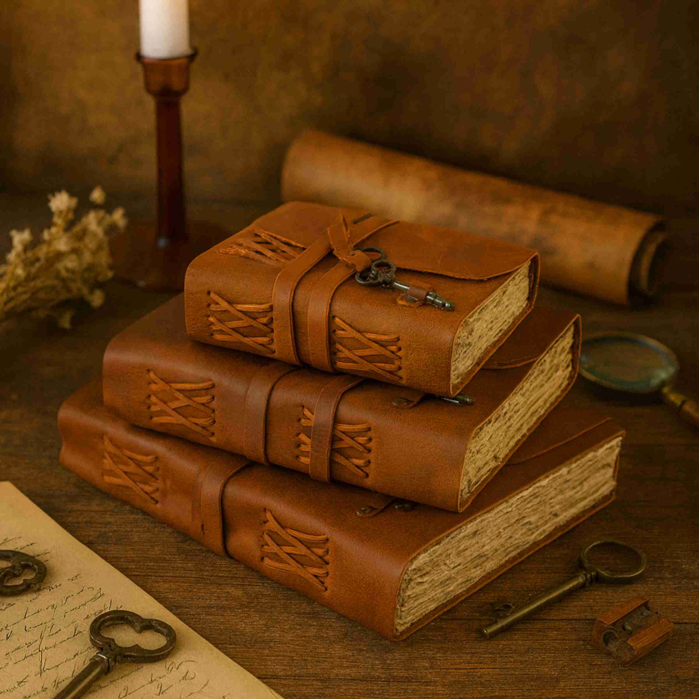 Stack of brown leather-bound books with keys on a wooden surface