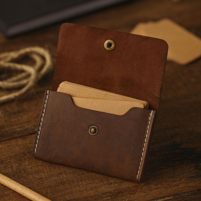 Brown leather wallet with gold studs on a wooden surface