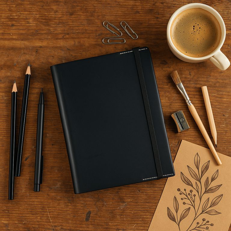 Black notebook on a wooden surface with stationery items including pencils, a cup of coffee, and a card with leaf design.