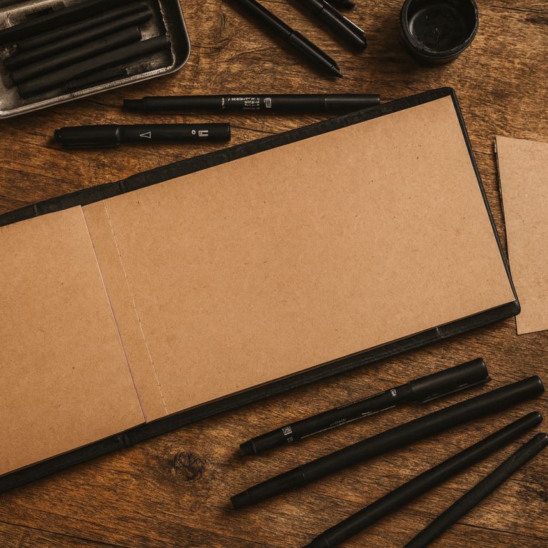 Open notebook with black pens on a wooden surface