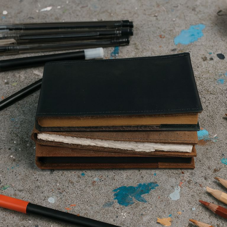 Stack of leather-bound books on a textured surface with pens and pencils around