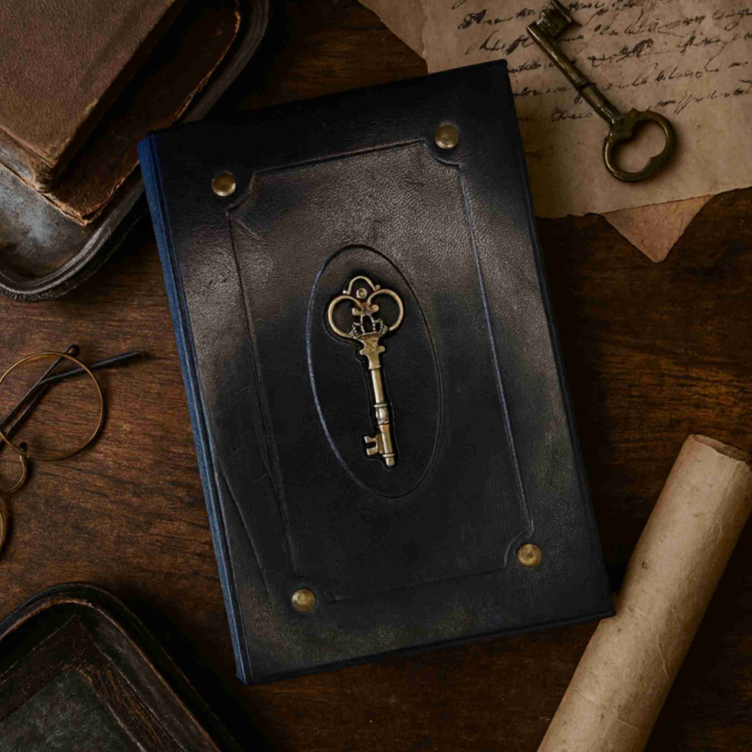 Dark leather notebook with a gold key emblem on a wooden surface with vintage items.