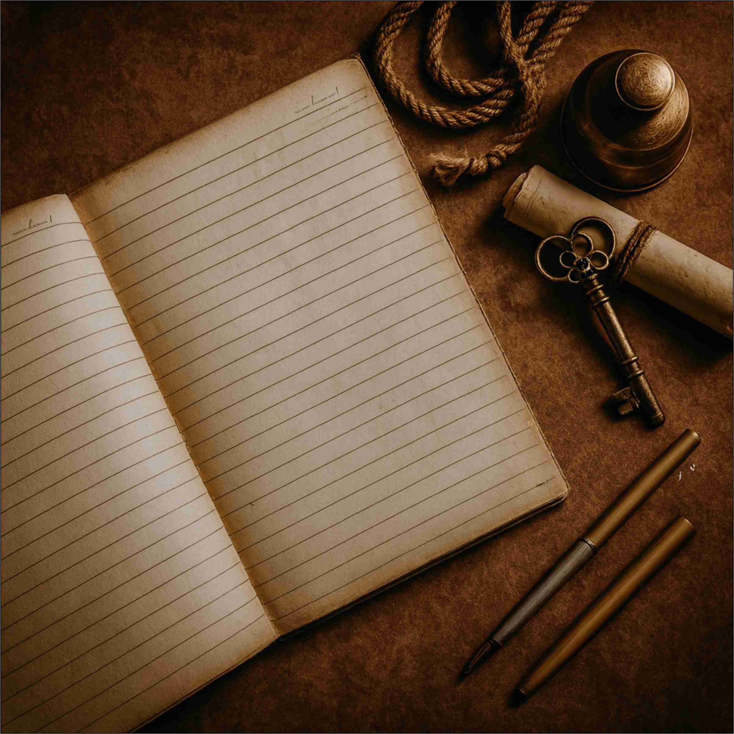 Open notebook with lined pages on a rustic surface with a key, scroll, and pen.