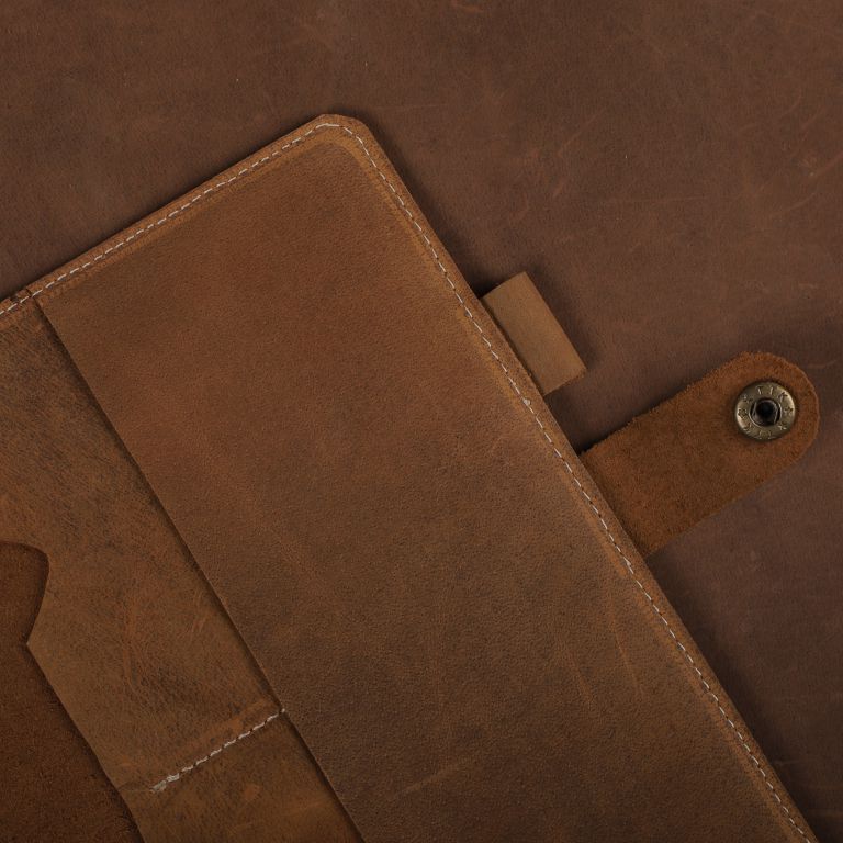Close-up of a brown leather wallet with stitching details