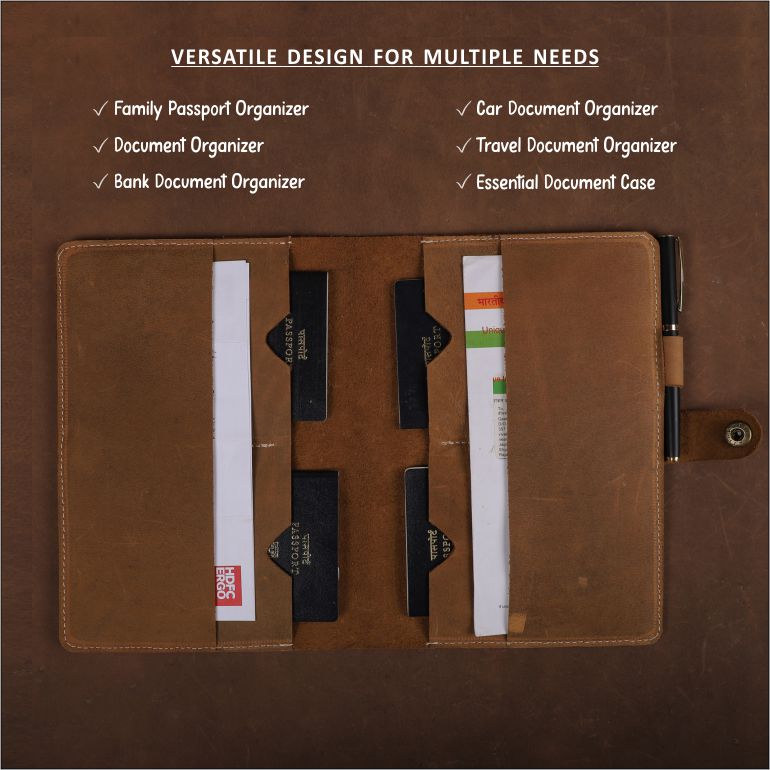 Brown document organizer with various compartments on a brown background