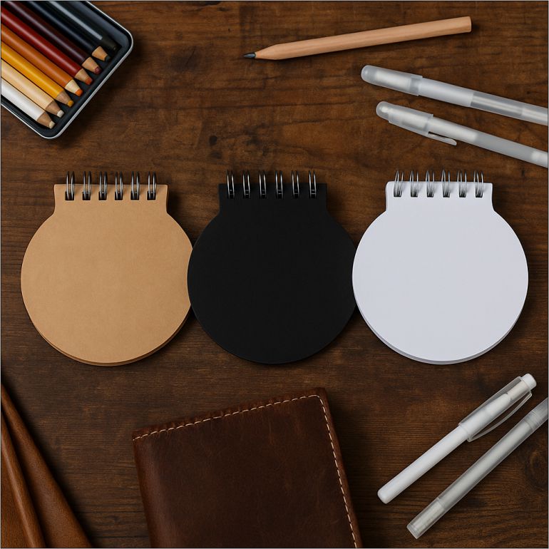 Three small notebooks in brown, black, and white on a wooden surface with writing instruments.