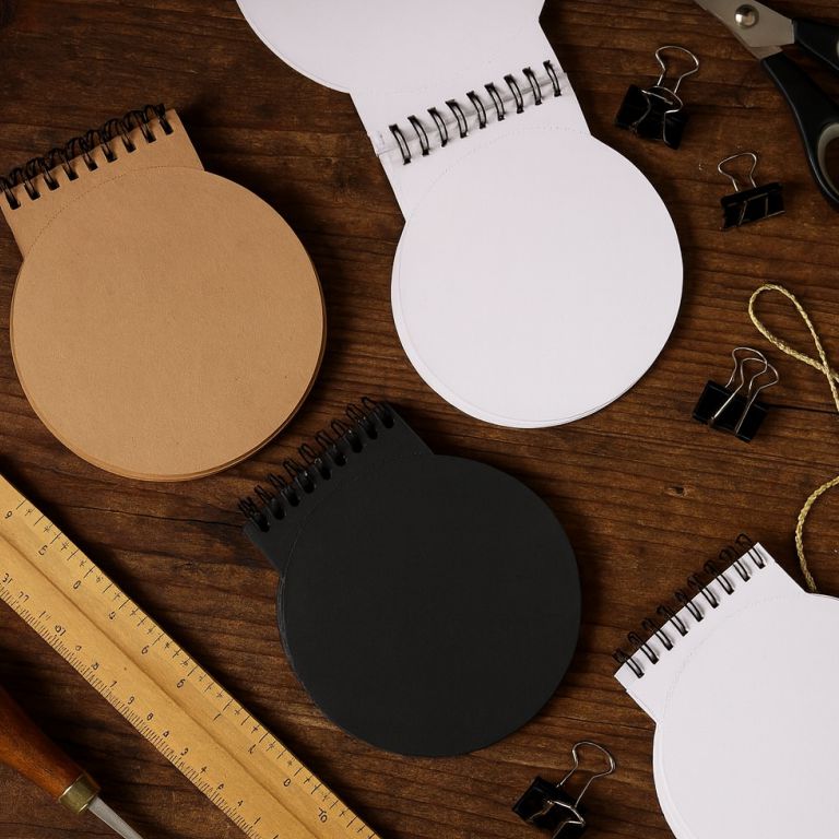 Three round notebooks in brown, white, and black on a wooden surface with office supplies.