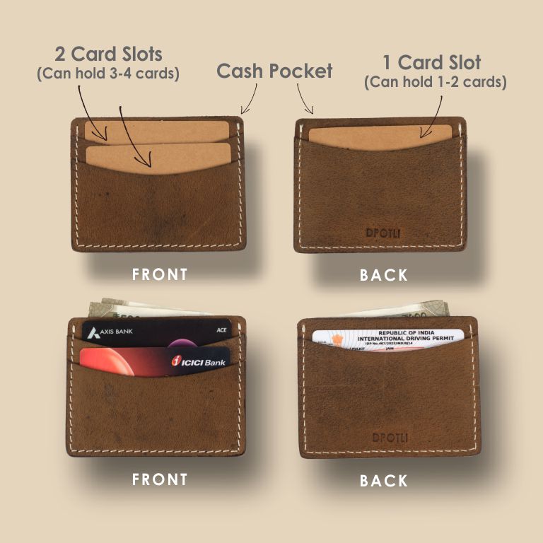 Brown leather wallet with card slots and cash pocket on a beige background