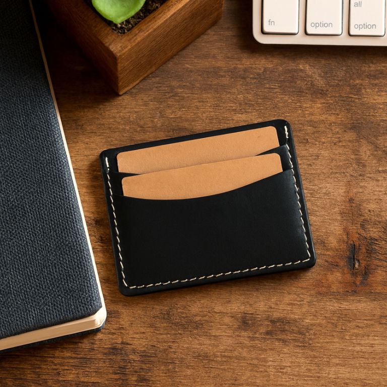 Black leather cardholder with three cards on a wooden surface next to a notebook and keyboard.
