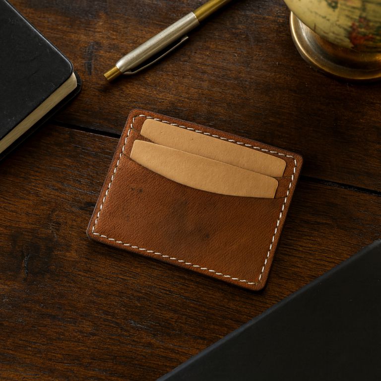 Brown leather cardholder on a wooden surface with a pen and notebook.