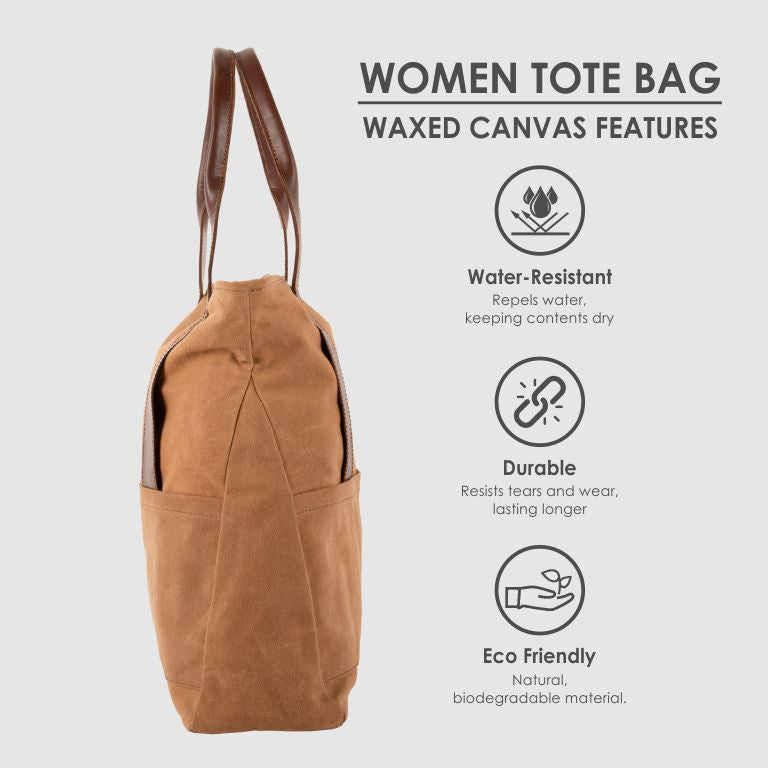 Brown women's tote bag with features listed on a white background