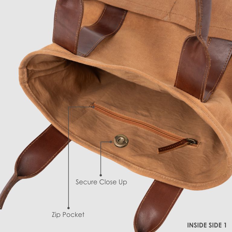 Brown leather backpack with visible zippers and stitching details on a light gray background