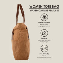 Load image into Gallery viewer, Side view of a brown waxed canvas tote bag highlighting its water-resistant, durable, and eco-friendly features