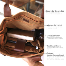 Load image into Gallery viewer, Interior view of a brown tote bag showing secure zip closure, zip pocket, spacious interior, additional sleeve, and padded laptop compartment