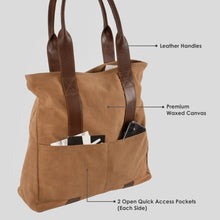 Load image into Gallery viewer, Side view of a brown tote bag with leather handles and multiple quick access pockets, highlighting its practical design