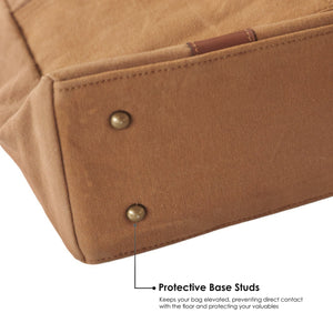 Close-up view of the protective base studs on a brown tote bag, designed to keep the bag elevated and protect valuables from direct contact with the floor