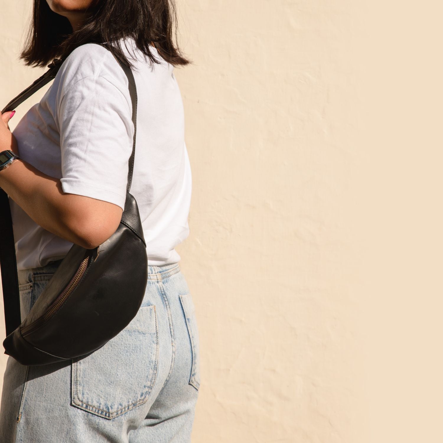 Unisex Leather Fanny Pack Black Matte - Dpotli